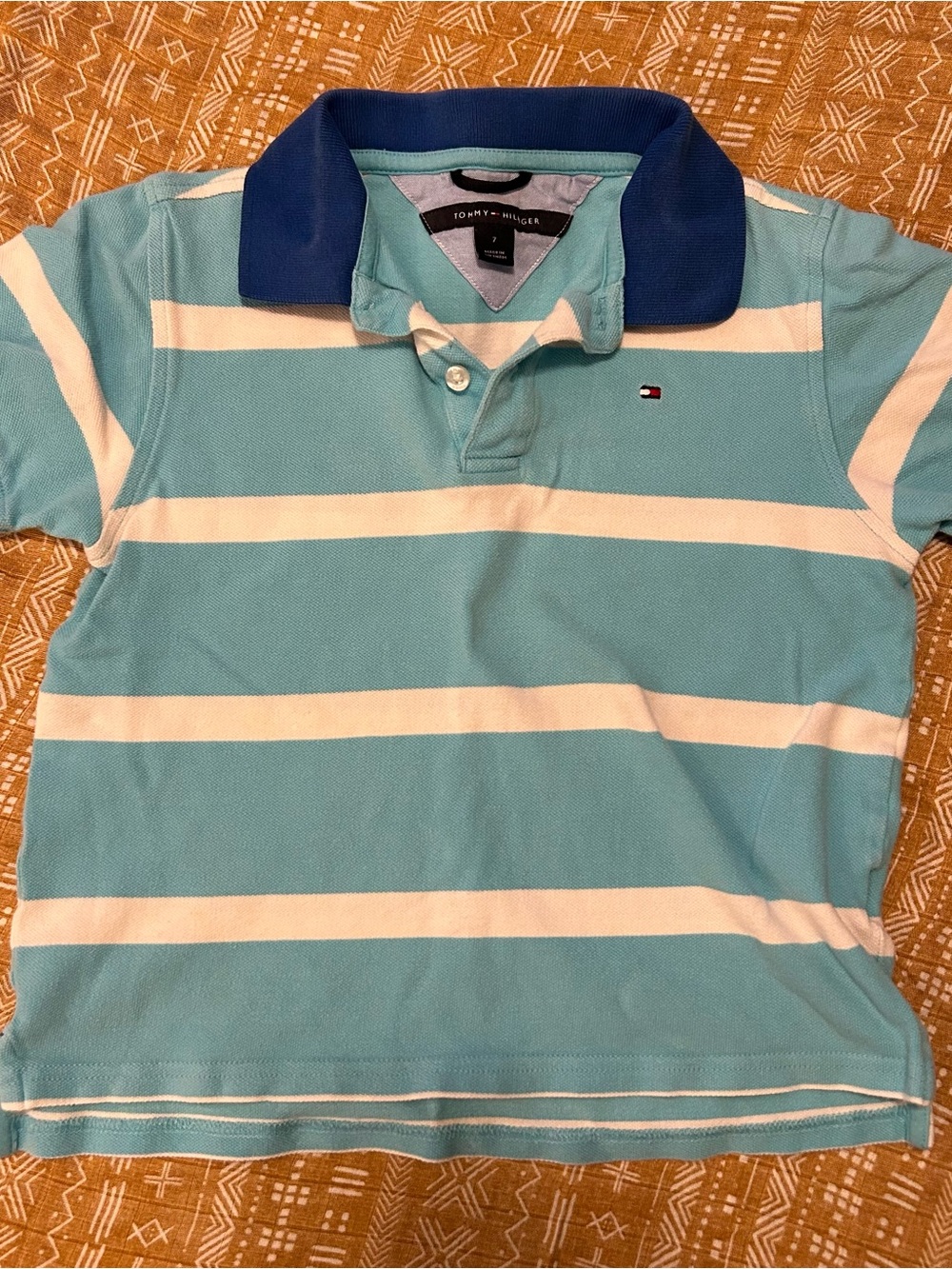 Kids Tommy Hilfiger Light Blue & White Striped Polo with Navy Collar